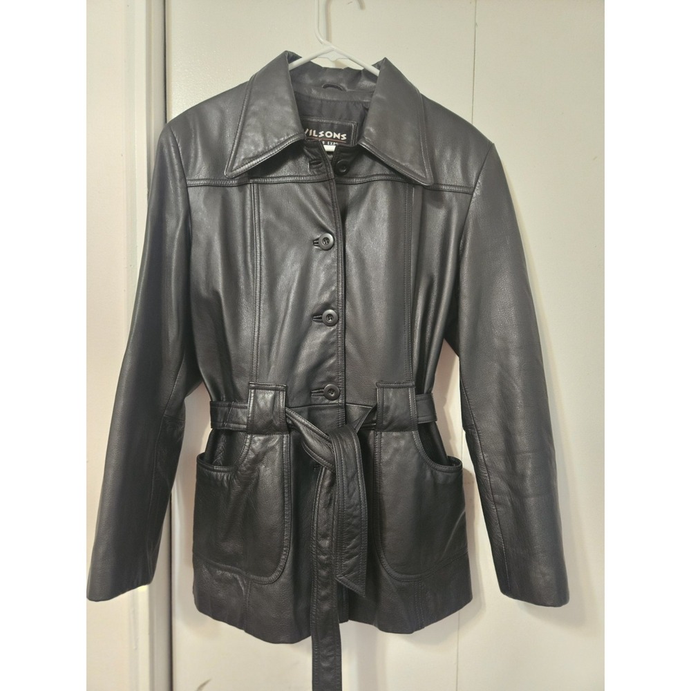 Wilsons Leather Black Belted Button-front Jacket Large Patch Pockets Size L